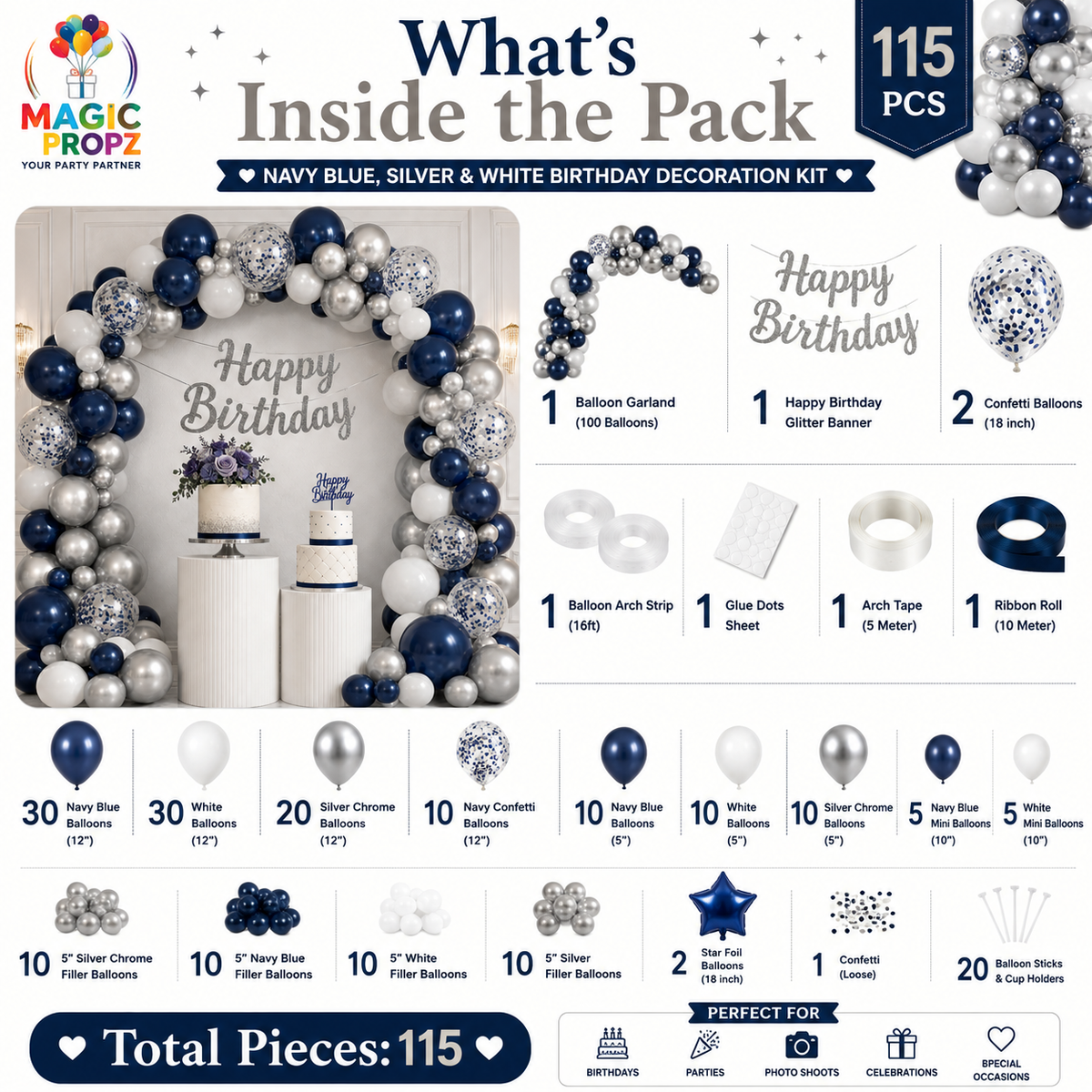 💙 DIY NAVY BLUE, SILVER &amp; WHITE BIRTHDAY DECORATION KIT