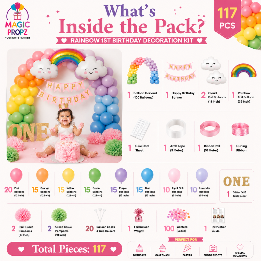 🌈🎀 RAINBOW 1ST BIRTHDAY DECORATION KIT