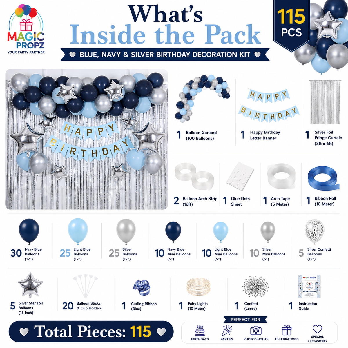 💙 BABY BLUE • NAVY BLUE • SILVER BIRTHDAY DECORATION KIT