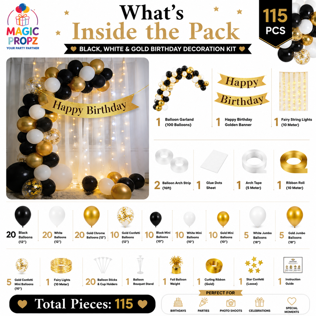 🖤 BLACK • WHITE • GOLD BIRTHDAY DECORATION KIT