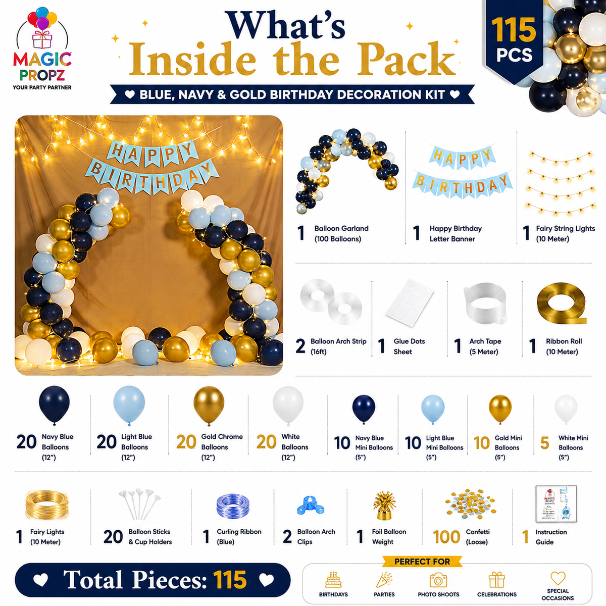 💙 BABY BLUE • NAVY BLUE • GOLD BIRTHDAY DECORATION KIT