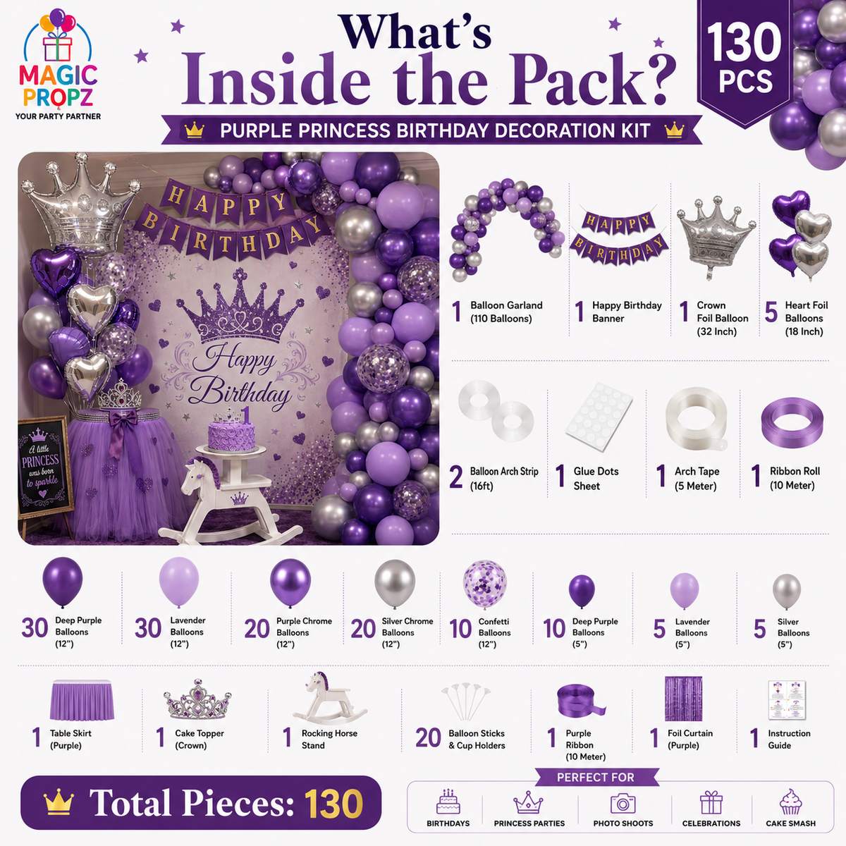 👑💜 PURPLE • LAVENDER • SILVER BIRTHDAY PRINCESS DECORATION KIT