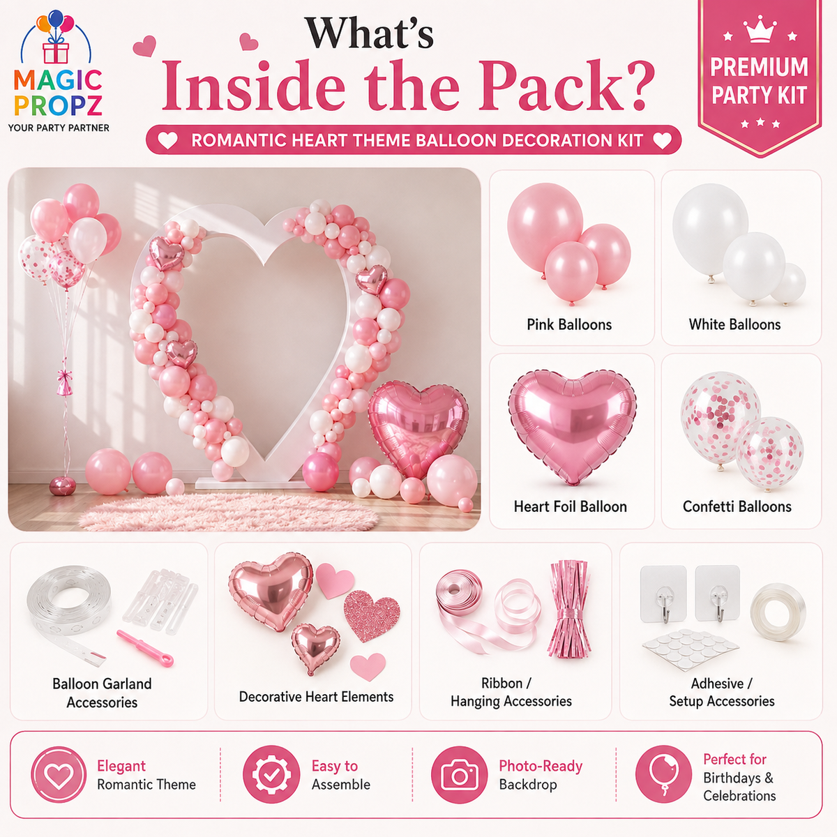 💗🌸 PINK &amp; WHITE HEART BIRTHDAY DECORATION KIT