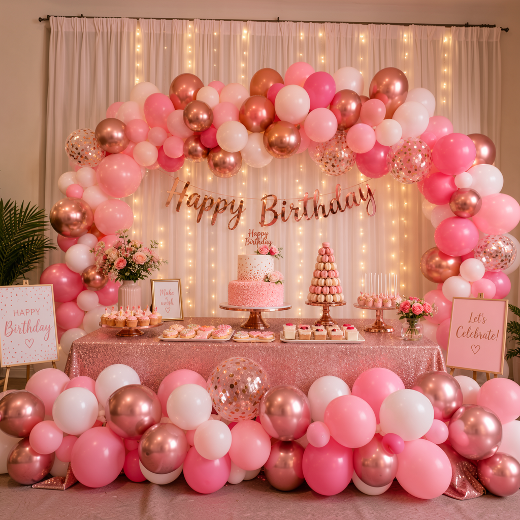 🌸 PINK • ROSE GOLD • WHITE BIRTHDAY DECORATION KIT