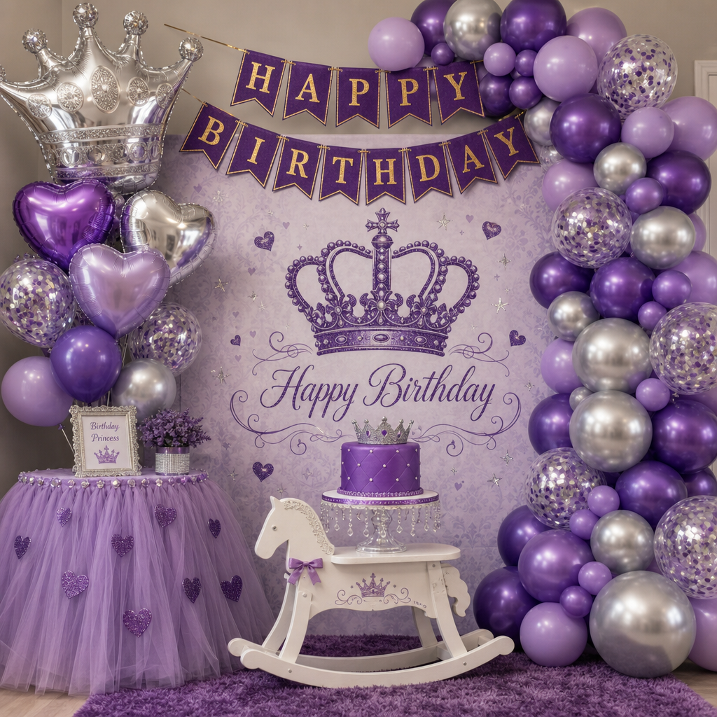 👑💜 PURPLE • LAVENDER • SILVER BIRTHDAY PRINCESS DECORATION KIT
