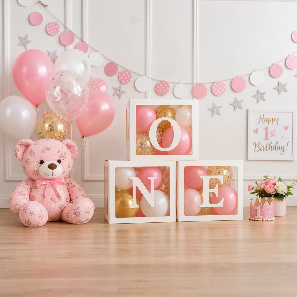 🎀🌸 PINK • WHITE • GOLD 1ST BIRTHDAY DECORATION KIT