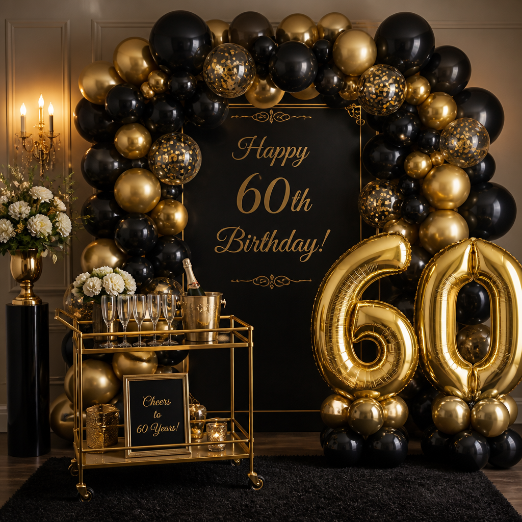 🖤✨ BLACK &amp; GOLD 60TH BIRTHDAY DECORATION K