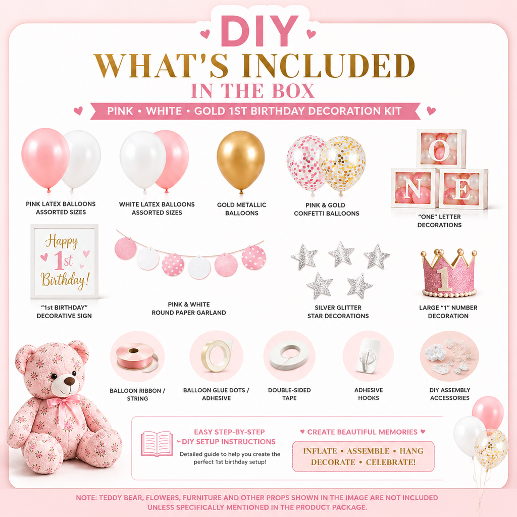 🎀🌸 PINK • WHITE • GOLD 1ST BIRTHDAY DECORATION KIT
