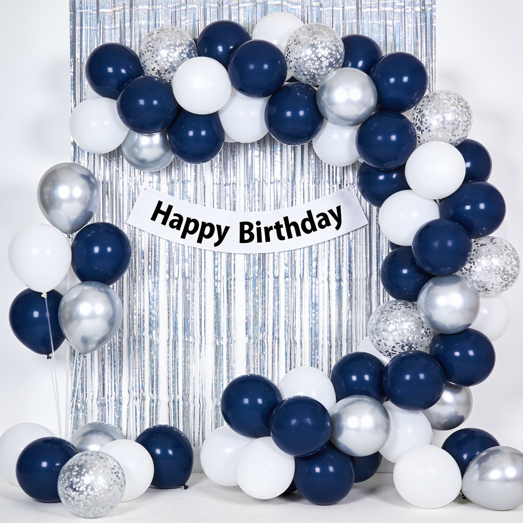 DIY Birthday Decoration Kit – Navy Blue, Silver & White