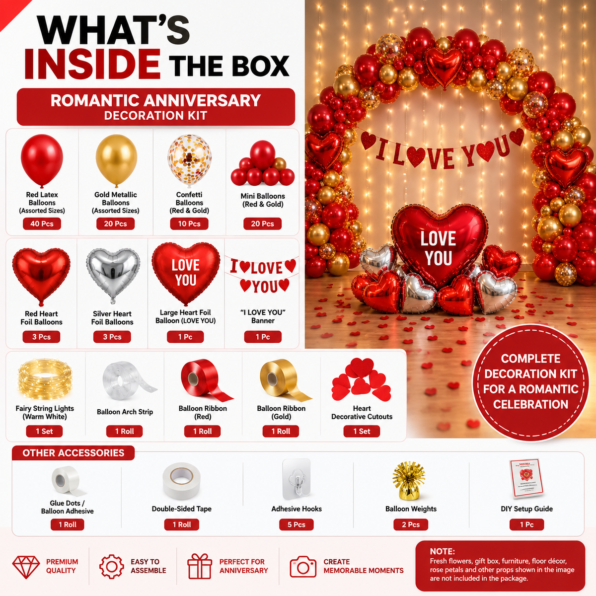 ❤️ RED • GOLD ROMANTIC ANNIVERSARY DECORATION KIT
